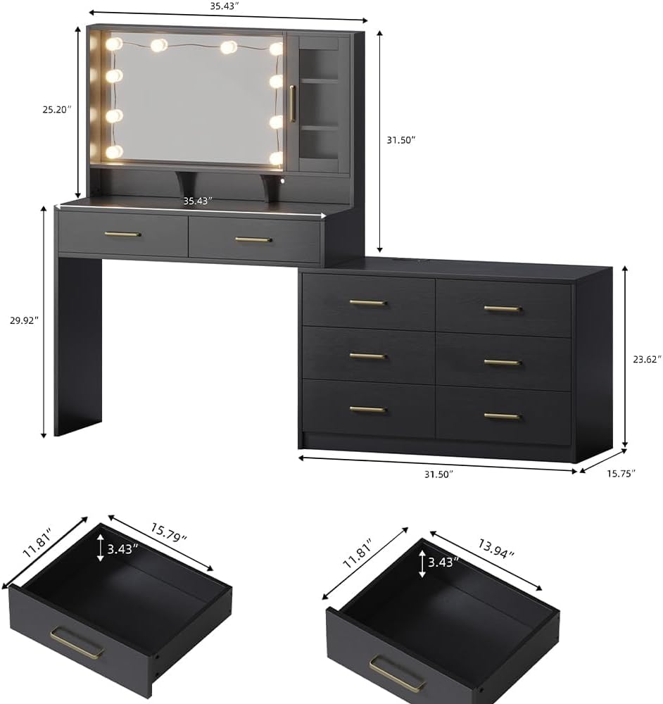 Makeup Desk with Drawers & Cabinet & Dresser, Black Vanity Table with...