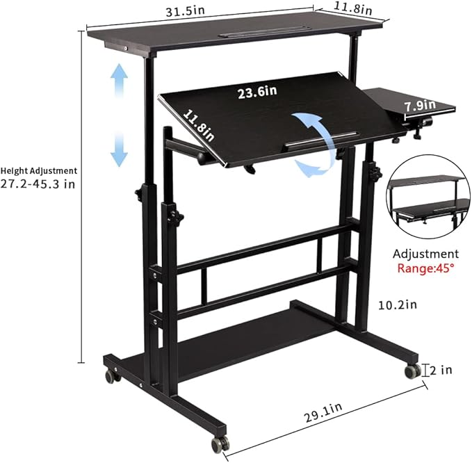 Hadulcet Mobile Standing Desk, Rolling Table Adjustable Computer Desk, Stand Up Laptop Desk Mobile Workstation for Home Office Classroom with Wheels, Black