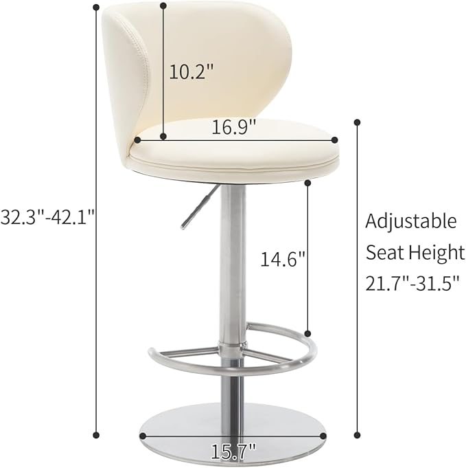 Black Titanium Stainless Steel Bar Stools,Grade Modern Leather Bar Chair with Backrest,Swivel Adjustable Height for Kitchen Counter and Dining Room (White Leather-2pcs)