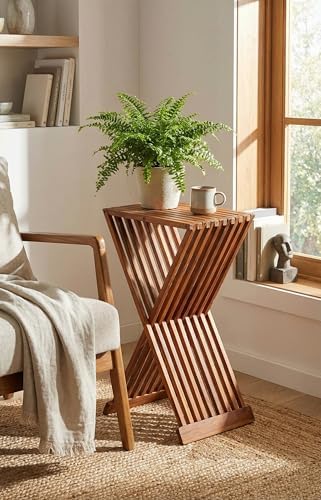 Bare Decor Taj Folding Plantstand End Table in Solid Teak Wood, 28" High