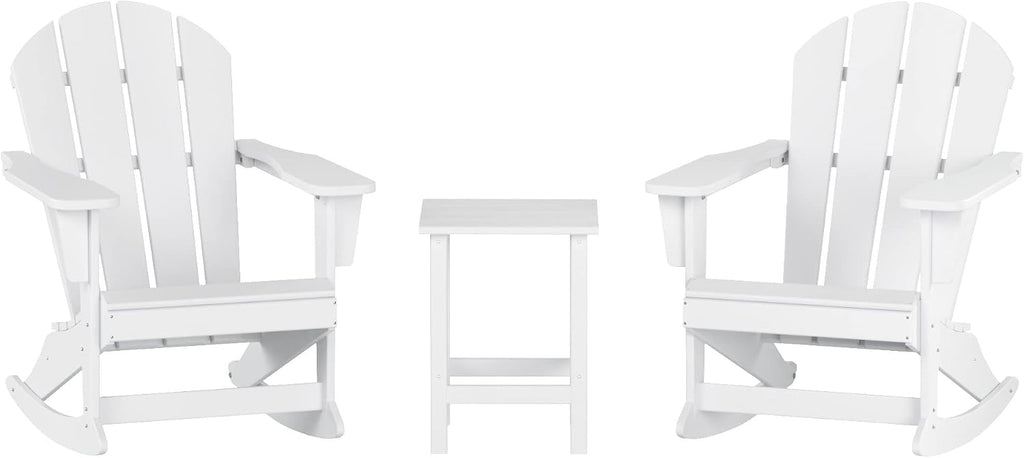 HDPE Laguna Outdoor Rocking Poly Adirondack Chair with Side Table 3-Piece Set, White