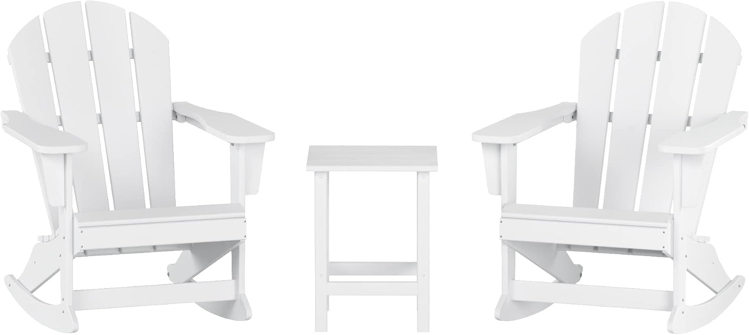 HDPE Laguna Outdoor Rocking Poly Adirondack Chair with Side Table 3-Piece Set, White