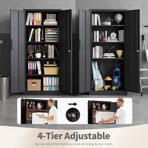 Metal Storage Cabinet with Lock, 71"H Garage Storage Cabinet, Black | St...