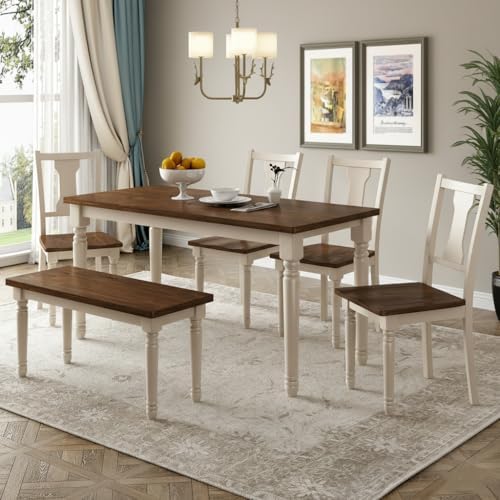 LUMISOL 6-Piece Dining Table Set with Bench, Brown+Cottage White