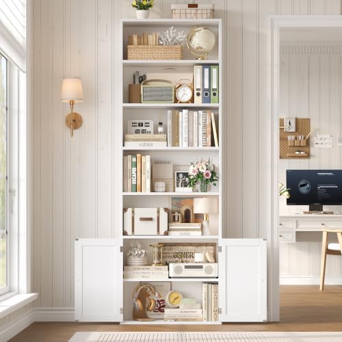 FACBOTALL 82" Tall Bookcase, Farmhouse Bookshelf with Doors, White