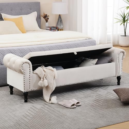 Velvet Storage Bench 67 Inch Upholstered Tufted Ottoman Bench with Arms Large...
