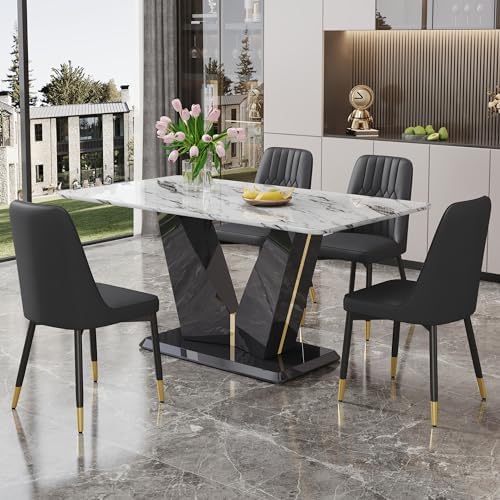 63" Modern Dining Table Set for 4, White Marble Dining Table with MDF Ba...