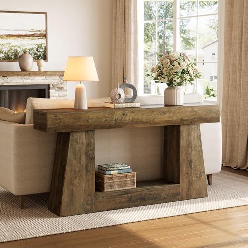 LITTLE TREE 63" Farmhouse Console Table with Storage, Rustic Sofa Table ...