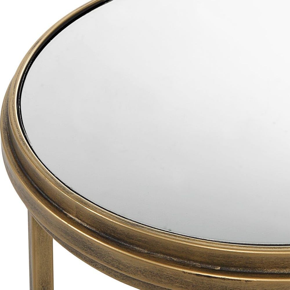 Set of 2 Antique Brushed Gold Iron Nesting Tables with Mirrored Glass Tops Mo...