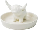 YOBRO Ceramic Highland Cow Ring Holder with Circular Tray, Farmhouse & Bohemian Style - Cute Unique Women Gifts, Jewelry Plate Organizer for Bathroom, Office, Home, Desk Decor