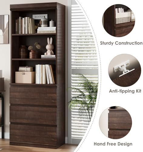IDEALHOUSE 70" Tall Bookcase with Drawers, Open Book Shelves Library Boo...