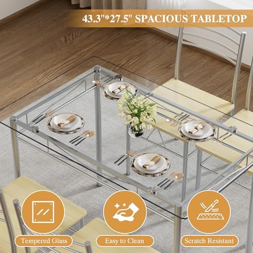 VECELO Dining Table Set for 4, 5-Piece Glass Kitchen Table with Chairs for Sm...