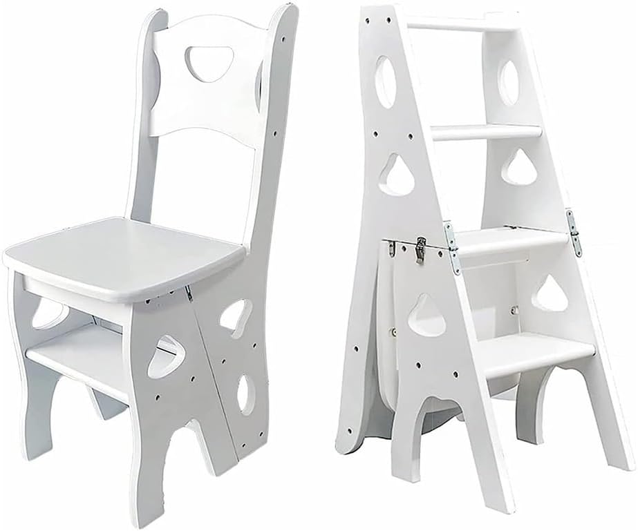 4 Step Wooden Folding Library Ladder Chair with Seat, Lightweight Portable La...