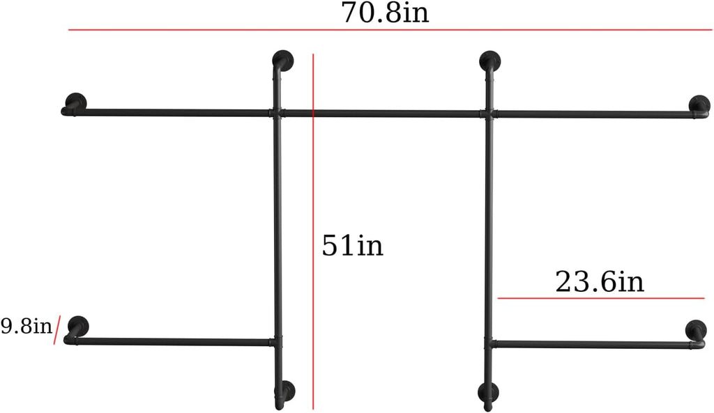 Industrial Pipe Clothing Racks with 5 Hanging Rods, Industrial Clothes Racks Wall Mounted, Heavy Duty Black Pipe Clothing Rack, Metal Closet Rods for Hanging Clothes
