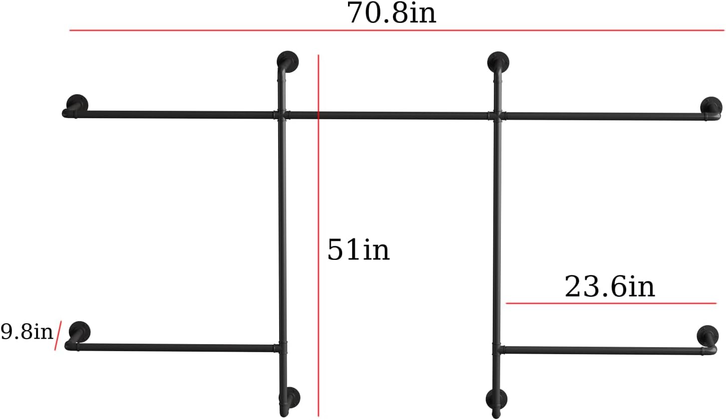 Industrial Pipe Clothing Racks with 5 Hanging Rods, Industrial Clothes Racks Wall Mounted, Heavy Duty Black Pipe Clothing Rack, Metal Closet Rods for Hanging Clothes