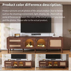 Rattan TV Stand for 75 Inch TV LED Light Modern Farmhouse Media Console with Solid Wood Legs Multi-Functional Storage & Cable Management Easy Assembly Entertainment Center for Living Room Home