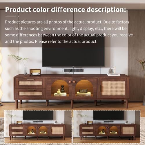 Rattan TV Stand for 75 Inch TV LED Light Modern Farmhouse Media Console with Solid Wood Legs Multi-Functional Storage & Cable Management Easy Assembly Entertainment Center for Living Room Home