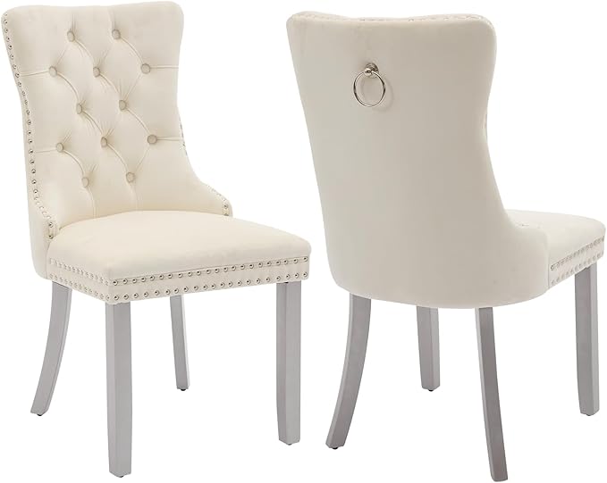 Velvet Dining Chairs Set of 2, Kitchen & Dining Room Chairs, Upholstered Dining Chairs with Back Ring Pull and Silver Solid Wood Legs, Modern Tufted Kitchen Chairs for Dining Room, Cream