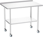 Atelicf NSF Stainless Steel Prep Table 30X48 inch, Backsplash & Casters | Mobile commercial-grade table for restaurants, kitchens, food trucks, breweries, bars, garages, and BBQ