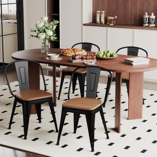 18 Inch Metal Dining Chairs Set of 4 Farmhouse Kitchen Chairs with Wooden Sea...