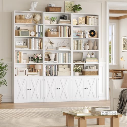 FACBOTALL 82" Tall Bookcase, Farmhouse Bookshelf with Doors, White