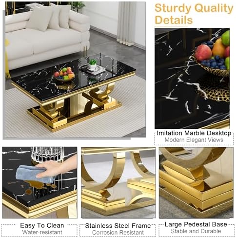 3 Piece Marble Living Room Table Set Modern Black Faux Marble Coffee Table an...