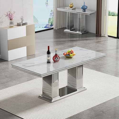 68 in Faux Marble Dining Table for 4-6, White Marble Dining Table with Silver...