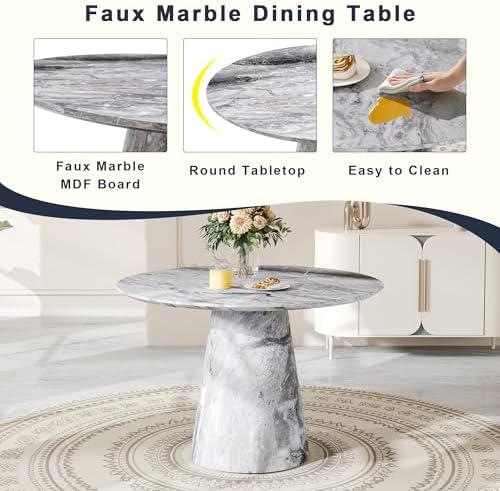 Round Dining Table Set for 6, 45" Modern Faux Marble Kitchen Table and Upholstered Chairs, 7 Piece Circle Dinner Set for Dining Room, Kitchen (Marble Gray Set)