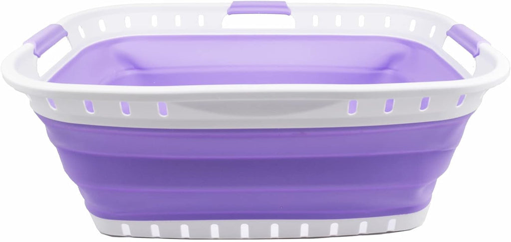 SAMMART 44L (11.62 gallon) Collapsible Plastic Laundry Basket - Foldable Pop Up Storage Container/Organizer - Portable Washing Tub - Space Saving Hamper/Basket (1, White/Lt. Purple)