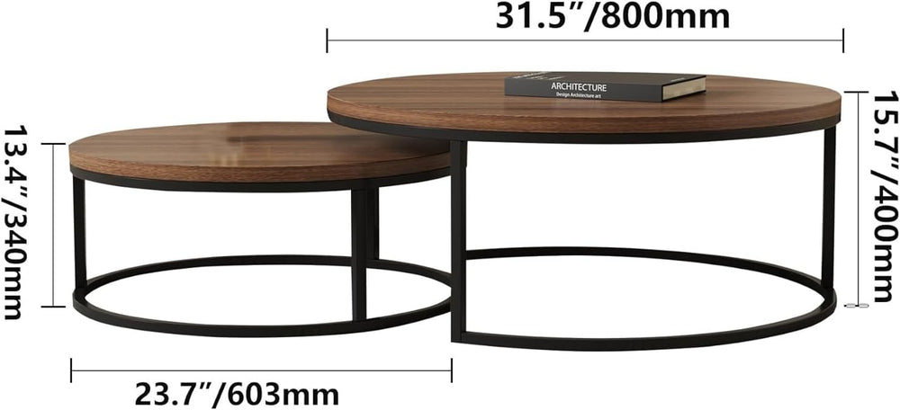 31.5" Round Coffee Table Set of 2, Nesting Cocktail End Tables | Small I...