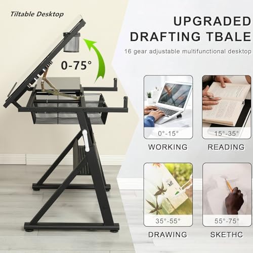 Drafting Desk w/Stool & Storage, Glass Art Table for Artists,Black