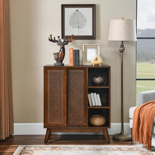 LKTART Mid Century Modern Small Rattan Sideboard Buffet Storage Cabinet