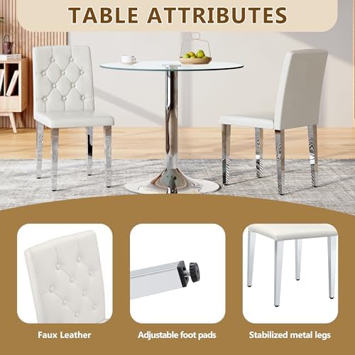 White Dining Chairs Set of 4, Faux Leather, Silver Metal Legs | Button-Tufted...