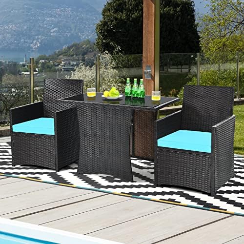 Tangkula 3 Pieces Patio Dining Set, Space-Saving PE Rattan Bistro Set with Te...