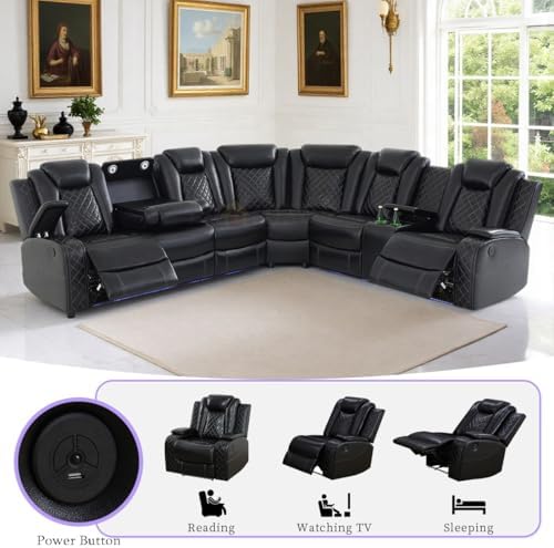 Power Recliner Sectional Sofa Set,Living Room Furniture Sets,Black Leather Se...