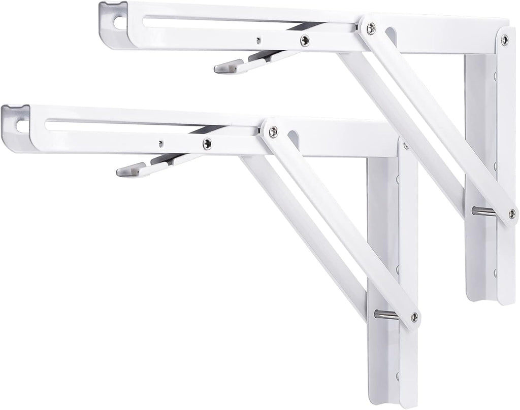 YUMORE Folding Shelf Bracket Heavy Duty, 12 Inch White Collapsible Shelf Bracket, DIY L Bracket for Workbench Folding Table Hinge, Max Load: 330lbs, 2 Pack