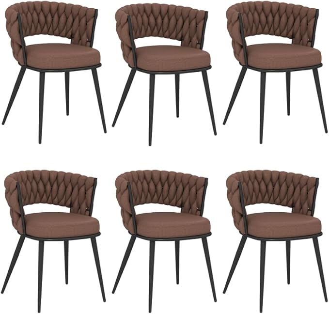 KCC Fabric Dining Chairs Set of 6, Modern Dining Chair with Metal Legs, Woven Upholstered Dining Chairs for Dining Room, Kitchen, Vanity, Living Room (Brown)