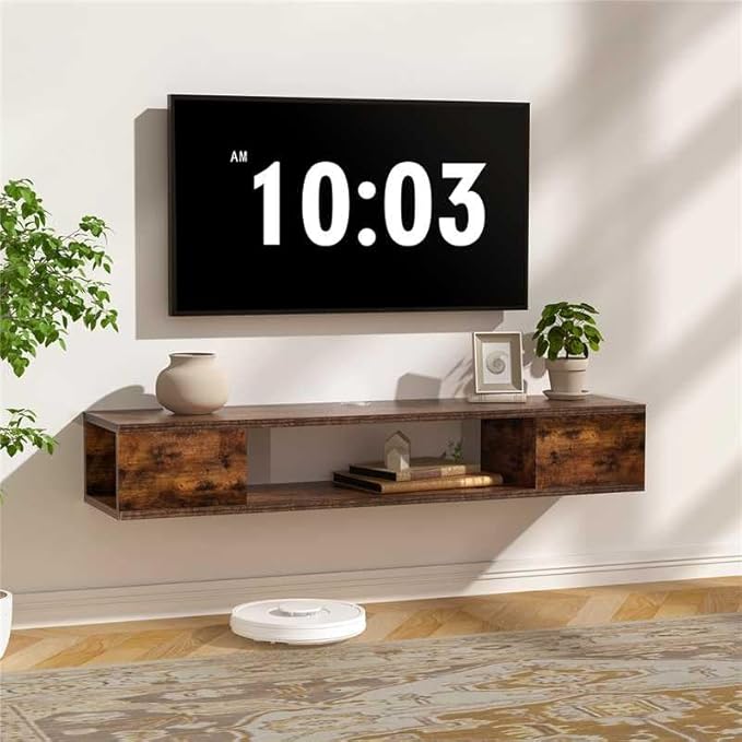 GHC Floating TV Stand, Wall Mounted Entertainment Center and Cabinet Shelf, TV Console with Storage, Media Console for DVD Player, Space-Saving Under TV Shelf for Bedroom (Rustic Brown)