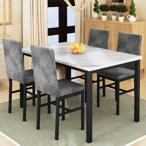 DKLGG Dining Table Set for 4, Faux Marble Kitchen Table with Velvet Upholster...