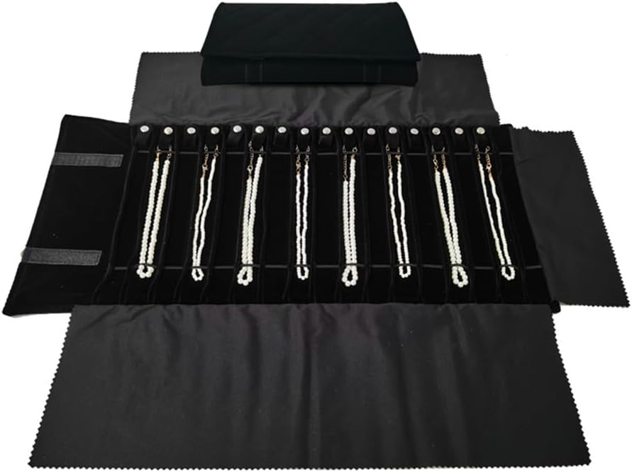 Portable Jewelry Roll Untangled Secure Necklace Travel Storage Bag Displays Holder 16 Chain (Black Diamond)