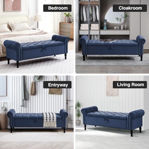 67'' End of Bed Storage Bench King Size, Storage Bench for Bedroom End of Bed, Upholstered Velvet Tufted Storage Ottoman Benches with Arms for Living Room, Entryway, Dark Blue