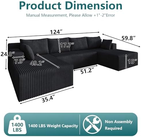 124" U-Shape Cloud Couch, Modern Modular Sectional U-Shape Sofa, Corduro...