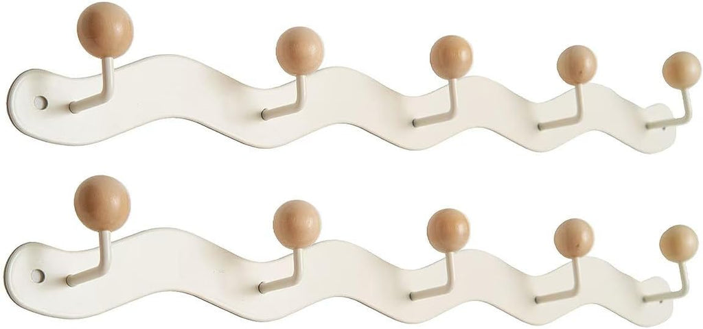 Coat Rack Wall Mount,White Wall Hooks Adhesive & Screw in,Anti-Tear Wooden Ball Hook Rail, Heavy Duty Metal Coat Hanger Wall Mount for Entryway, Bathroom, Bedroom, Kitchen2PACK (5-tri Hooks)