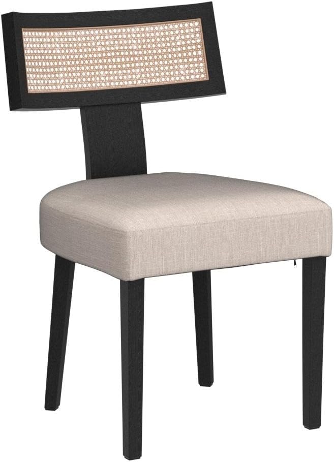 HNY Mid Century Modern Rattan Dining Chairs Set of 4, Farmhouse Linen Upholstered Accent Chair Curved Backrest Kitchen Chairs, with Black Hardwood Frame, Beige