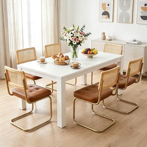 CangLong Natural Rattan Dining Chairs Set of 2, Upholstered Faux Leather Kitc...