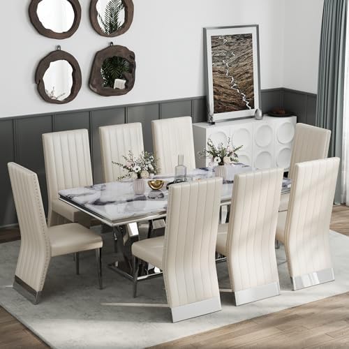 AUZ Modern White Leather Dining Chairs with Silver Mirrored Legs, Set of 2 | ...