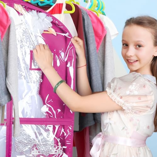 Syeeiex 40 Inch Clear Dance Costume Garment Bag, Rose Red, 5 Pack | Clear PVC Window, 4 Zipper Pockets and ID Card Holder, Foldable Hanging Dance Garment Bags with 3in Gusseted for Dancers