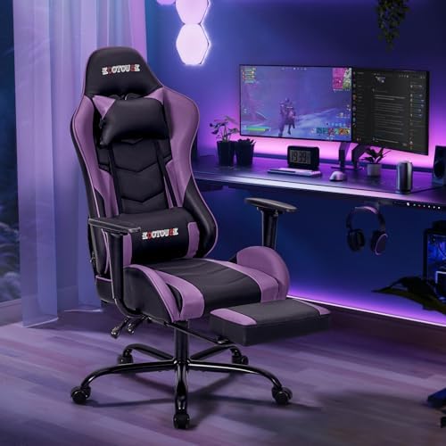 ECOTOUGE Violet Ergonomic PC Massage Gaming Chair with Footrest | Reclining R...