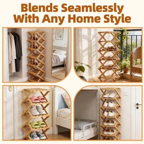 9 Tier Bamboo Shoe Rack, Heavy Duty Foldable Shelf Needing No Setup | Versatile Space-Saving & Sturdy Collapsible Bamboo Shoe Rack Organizer for Closet, Entryway, Over-Door, Dorm or Bedroom Use