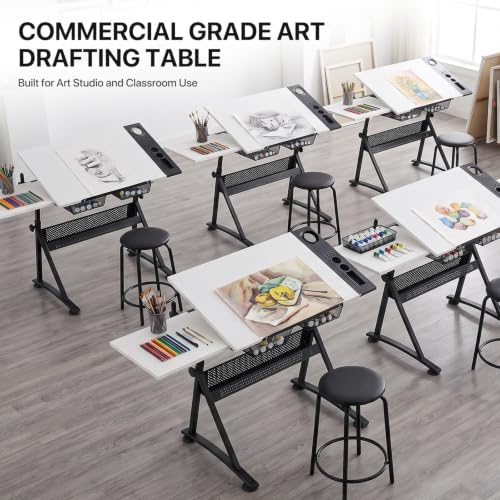 Athena Collection Wooden Drafting Table W/Stool, Tilting Art Desk, White